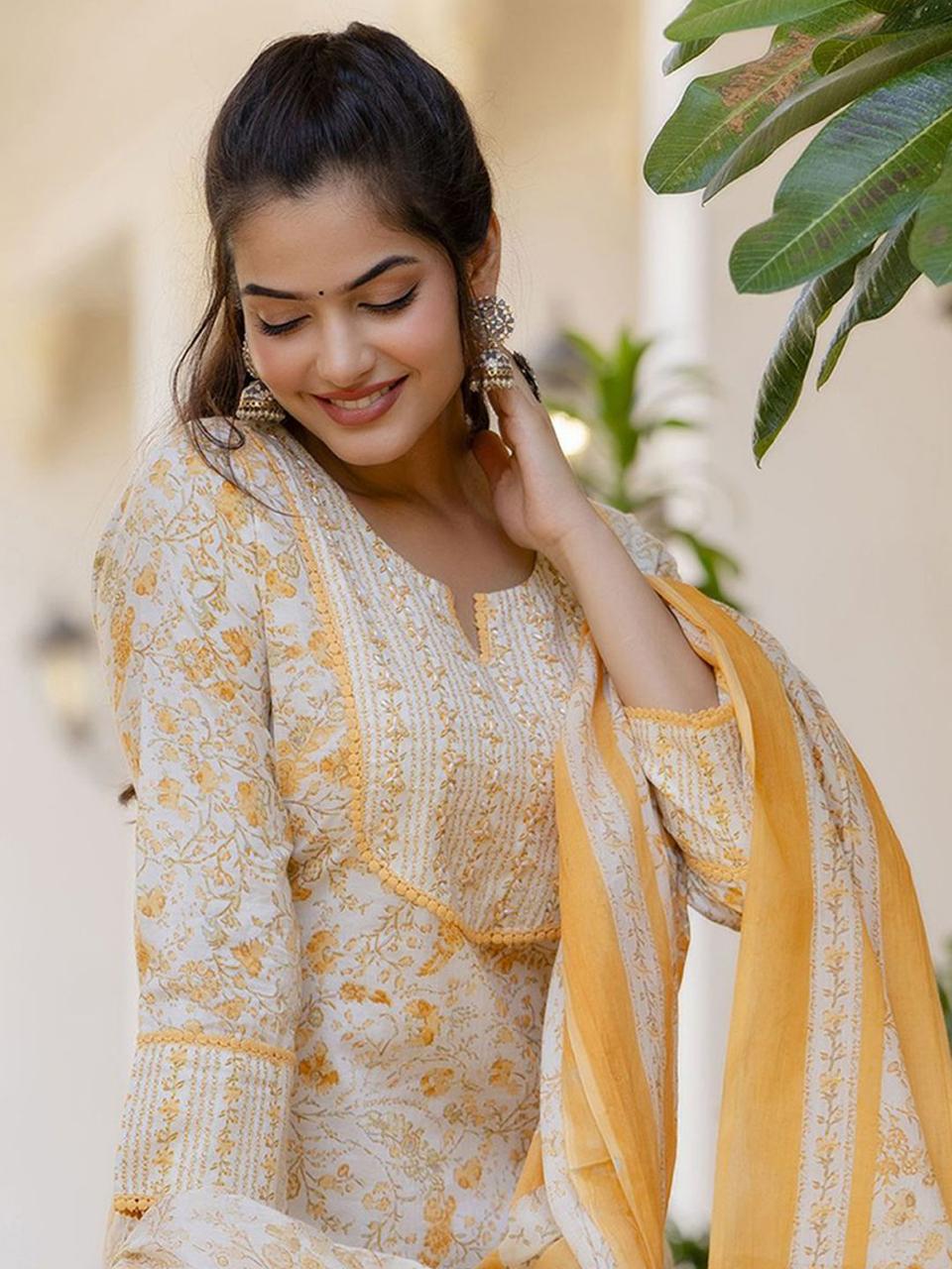 Yellow Floral Printed Suit Set With Dupatta