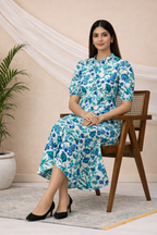 Blue Floral A-Line Midi Dress