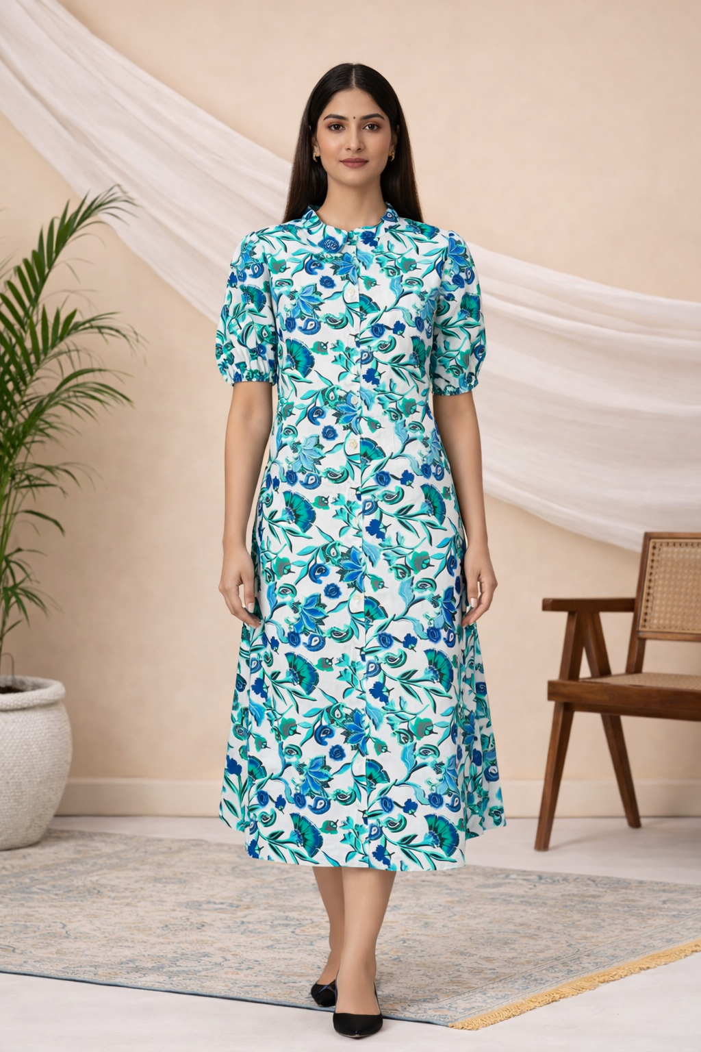Blue Floral A-Line Midi Dress