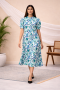 Blue Floral A-Line Midi Dress