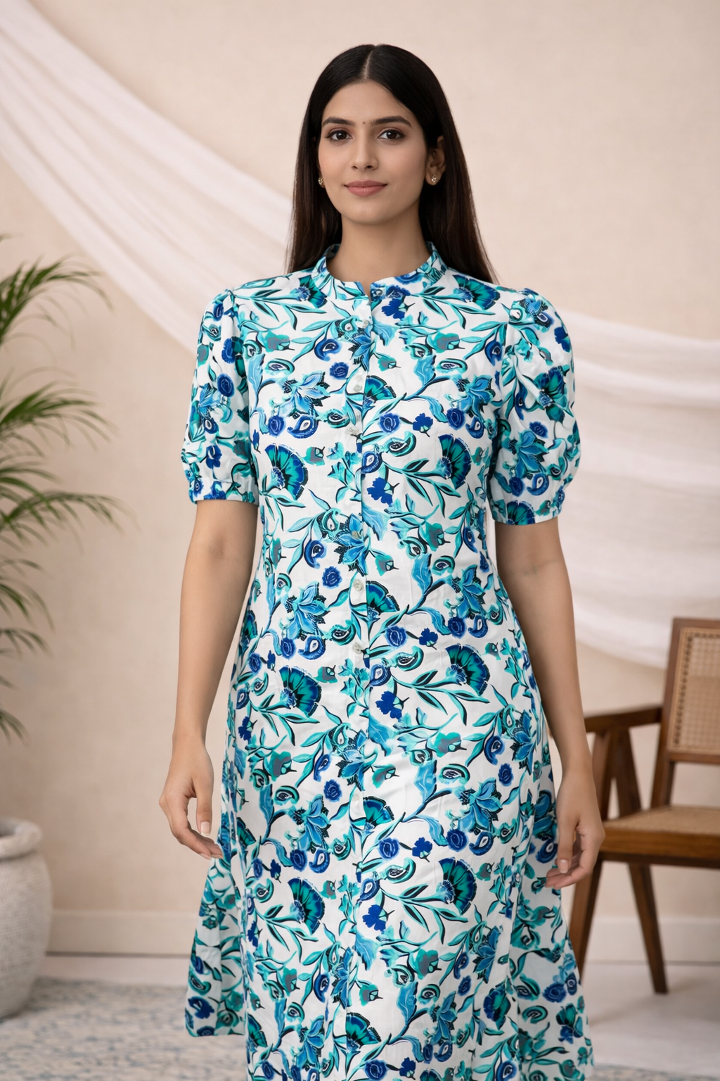 Blue Floral A-Line Midi Dress