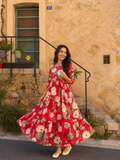 Red Bloom Rayon Tiered Anarkali Dress