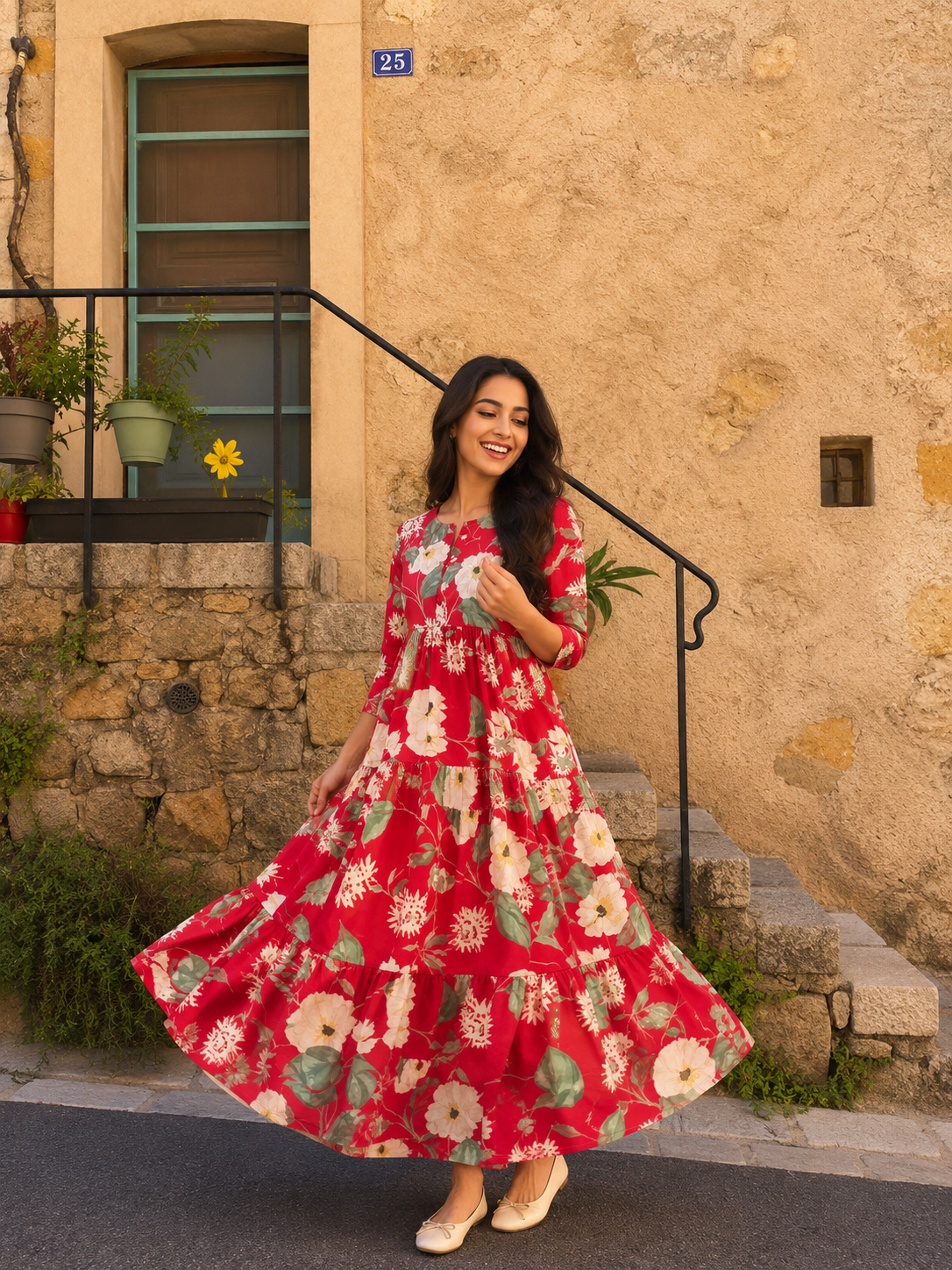 Red Bloom Rayon Tiered Anarkali Dress