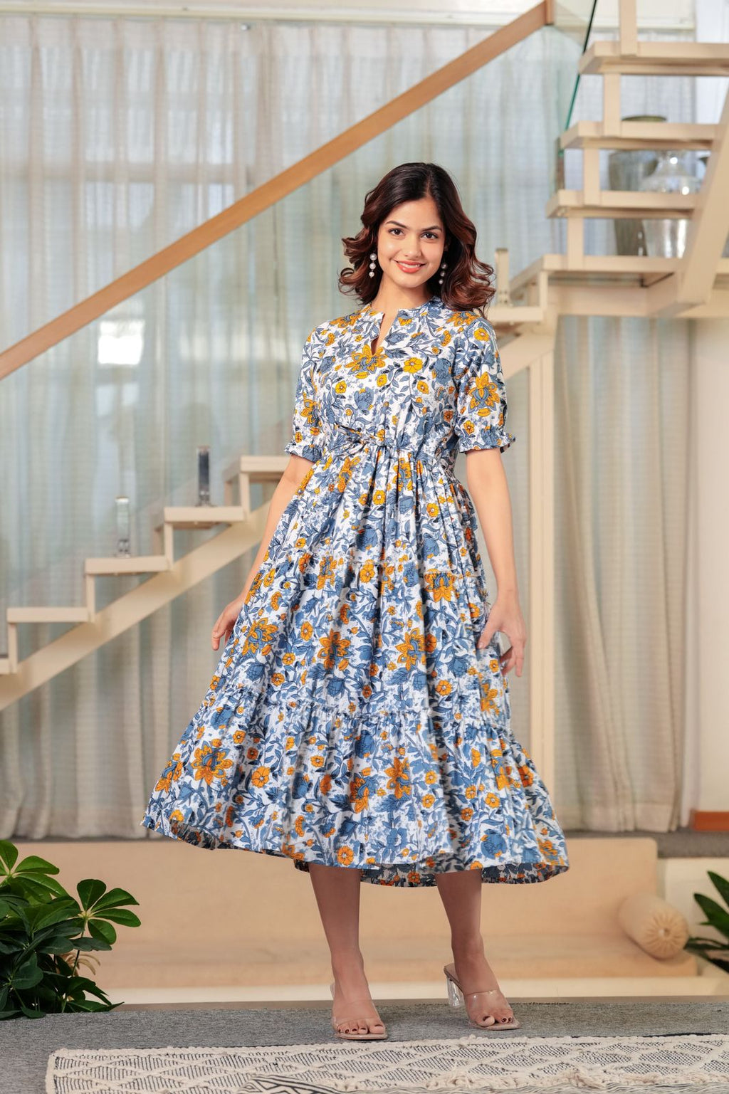 Blue Blossom Flare Midi Dress