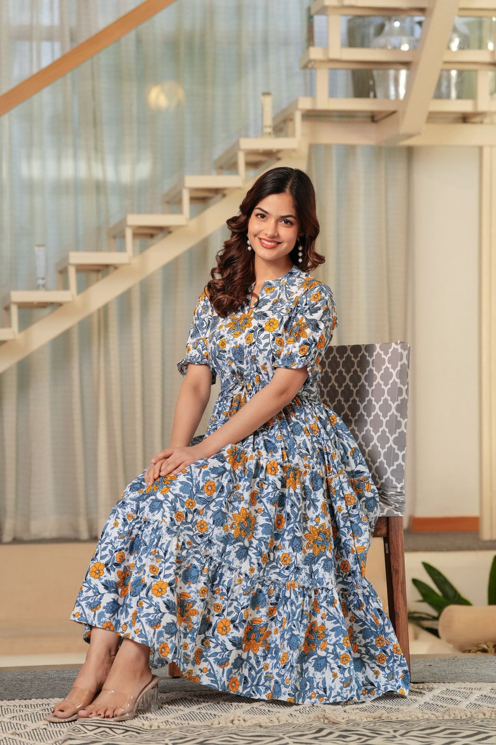 Blue Blossom Flare Midi Dress