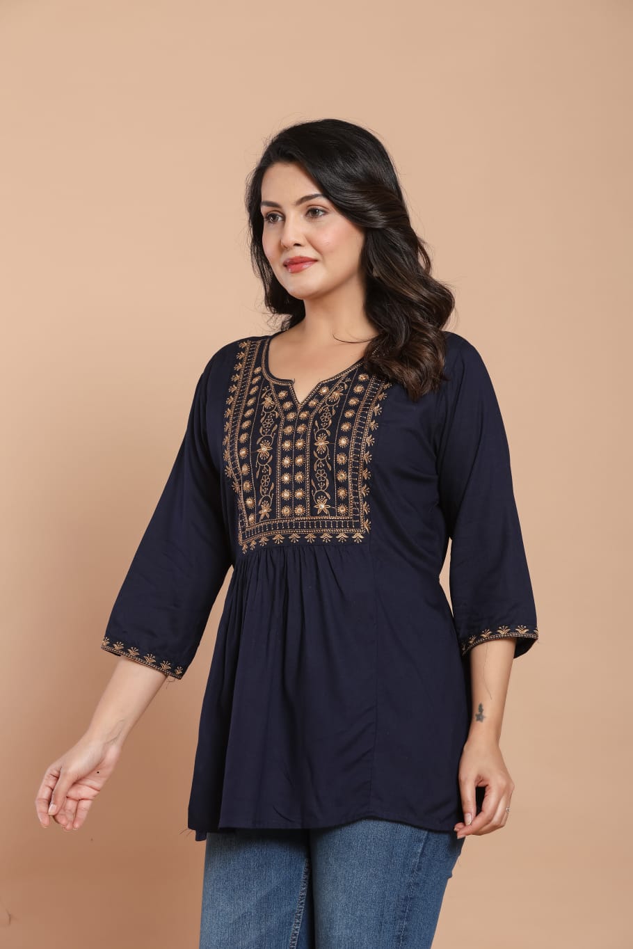 Navy Blue Embroidered Kurti
