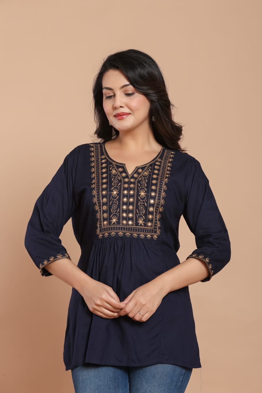 Navy Blue Embroidered Kurti