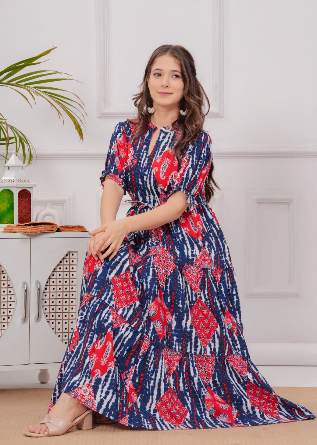Red & Blue Printed Tiered Maxi Dress