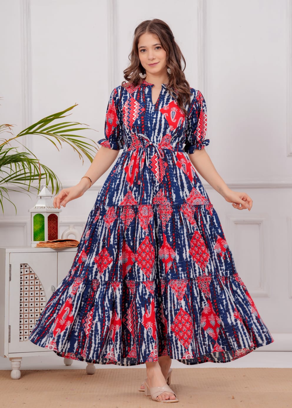 Red & Blue Printed Tiered Maxi Dress