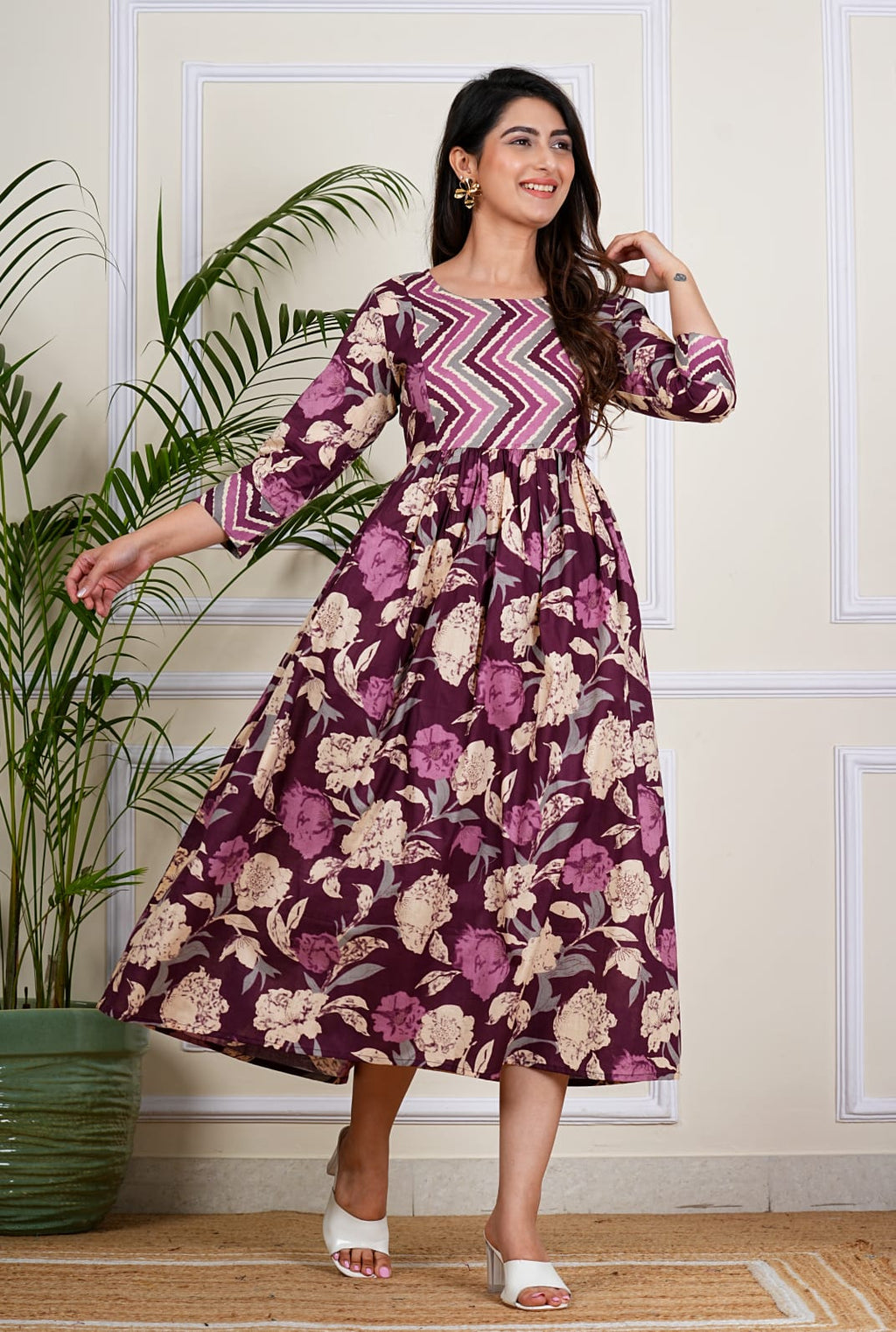 Wine Floral Flare Midi Dress