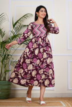 Wine Floral Flare Midi Dress