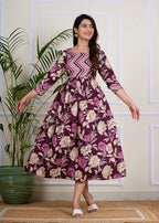 Wine Floral Flare Midi Dress