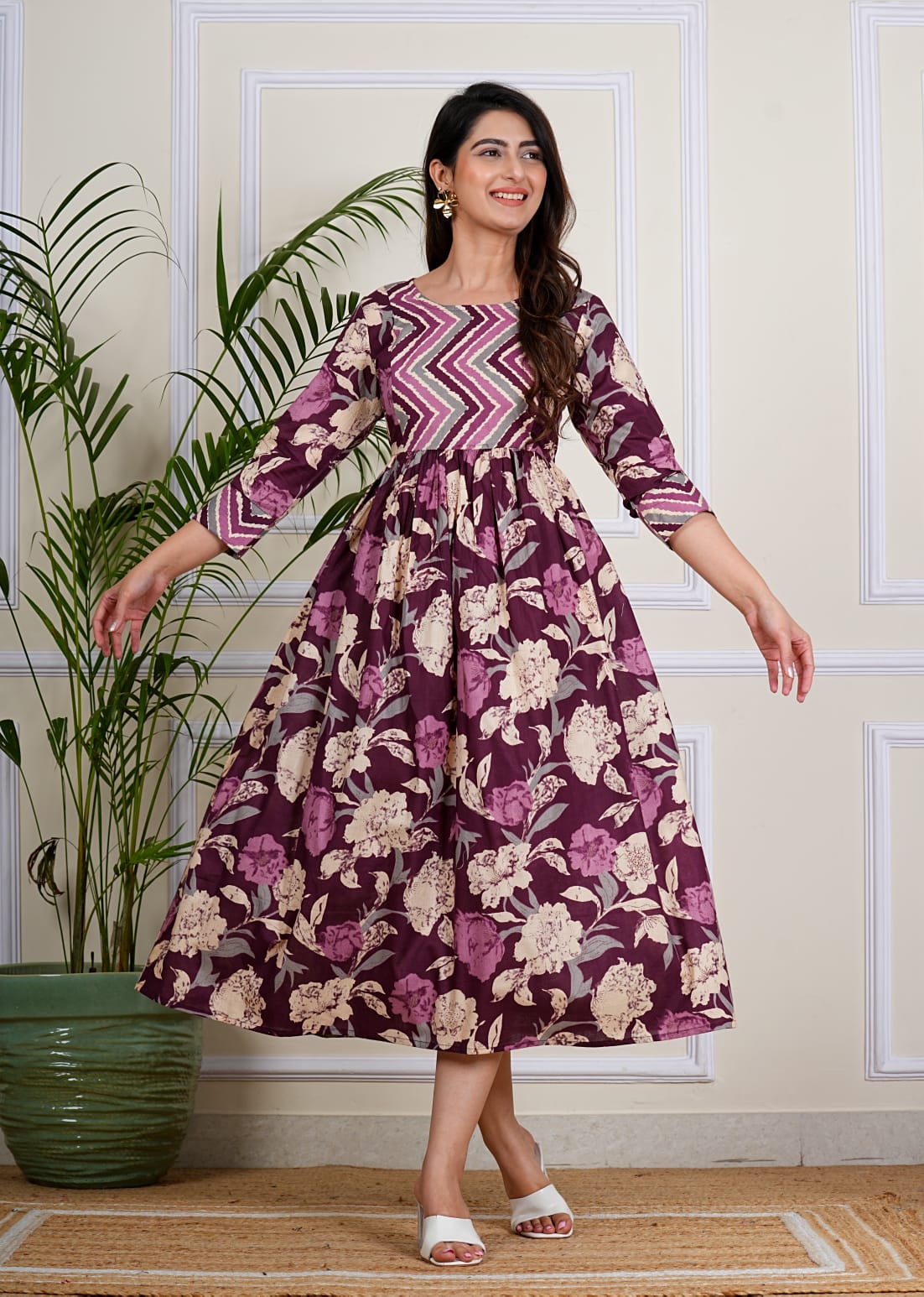 Wine Floral Flare Midi Dress