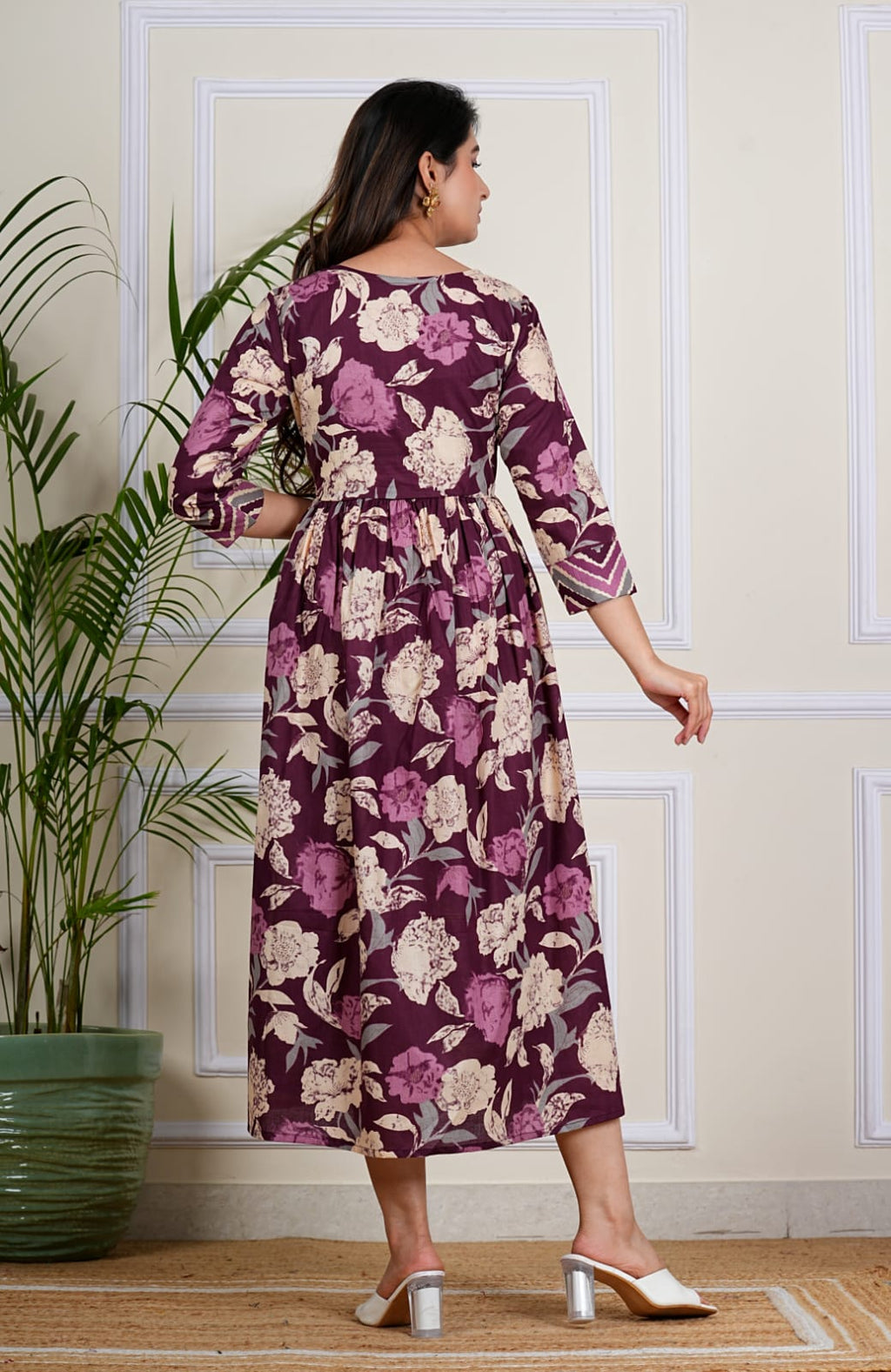 Wine Floral Flare Midi Dress