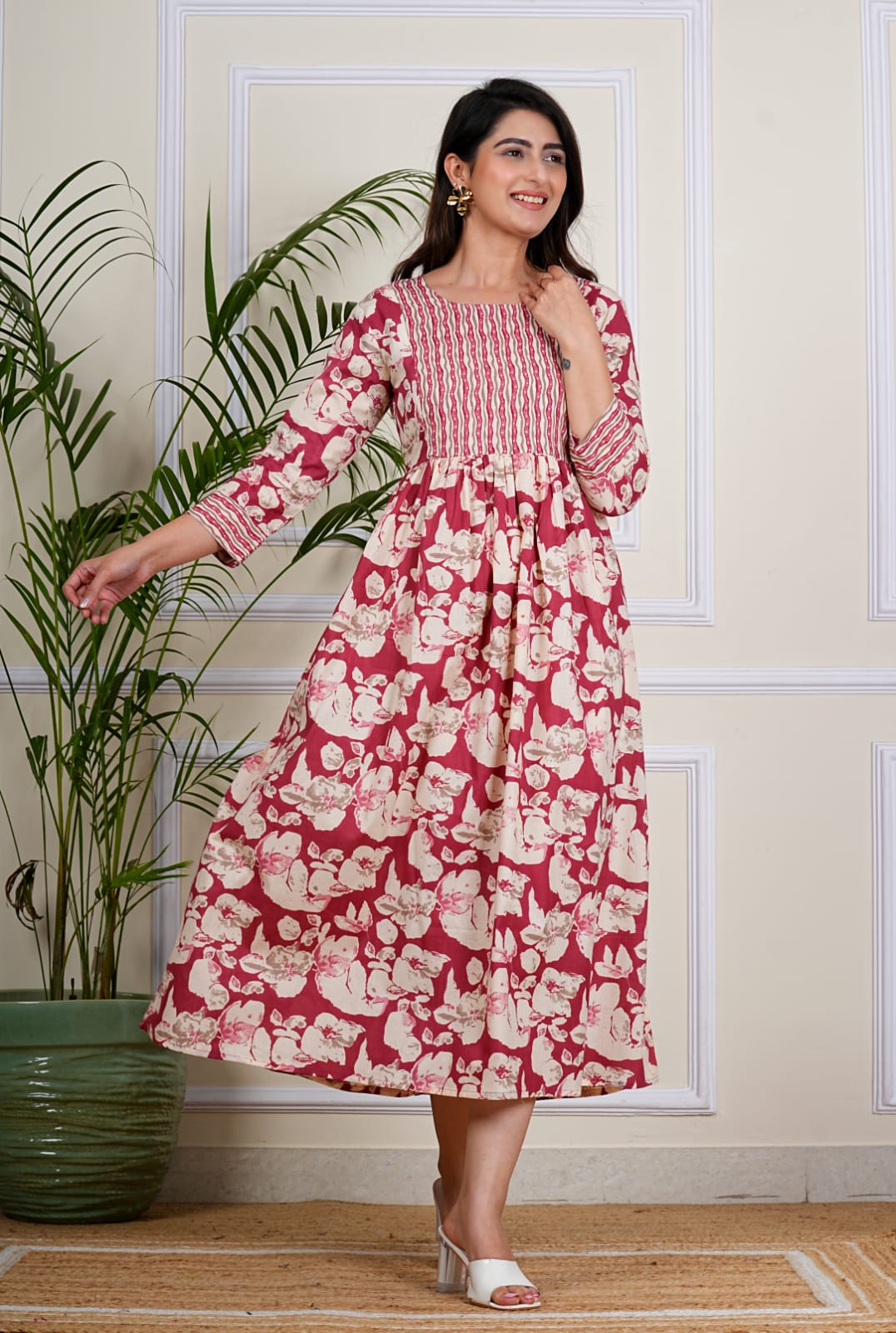 Red Floral Flare Midi Dress