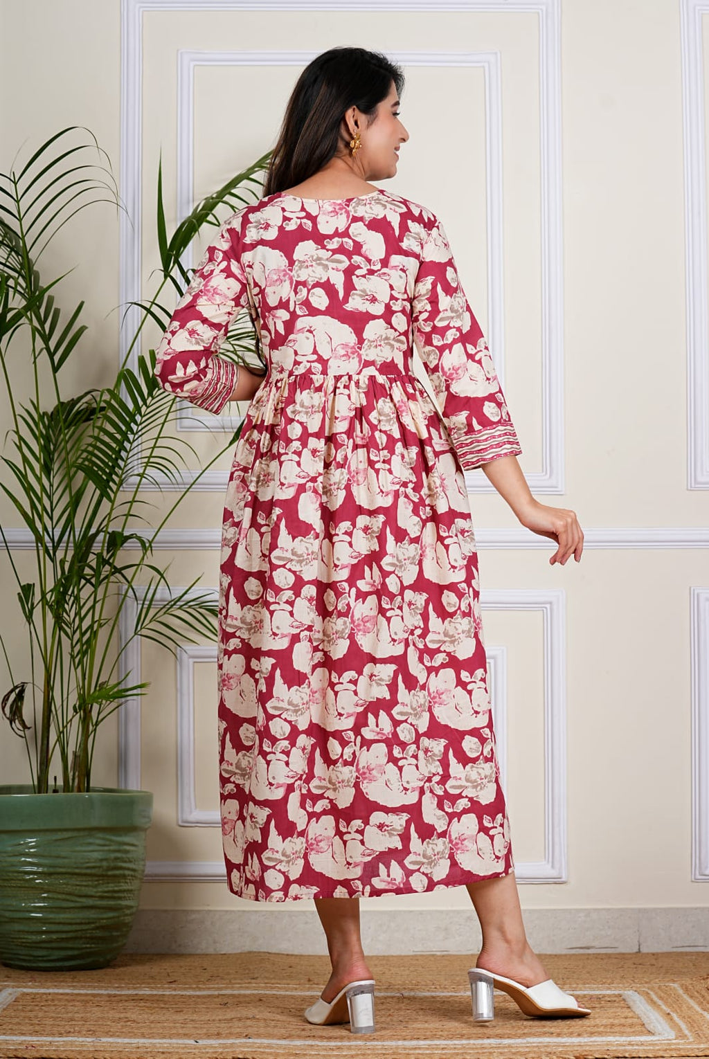 Red Floral Flare Midi Dress