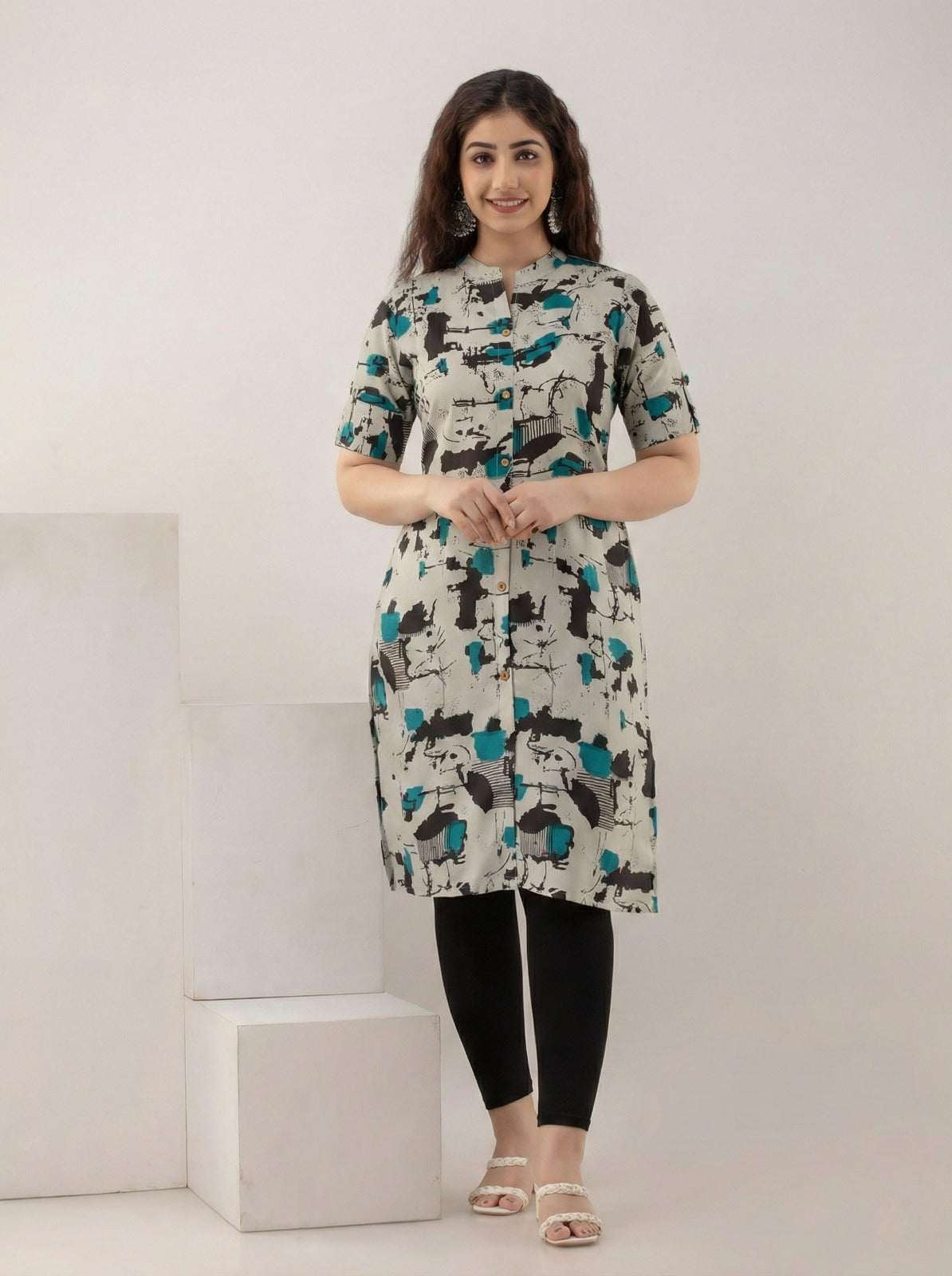 Teal Stroke Print Kurti