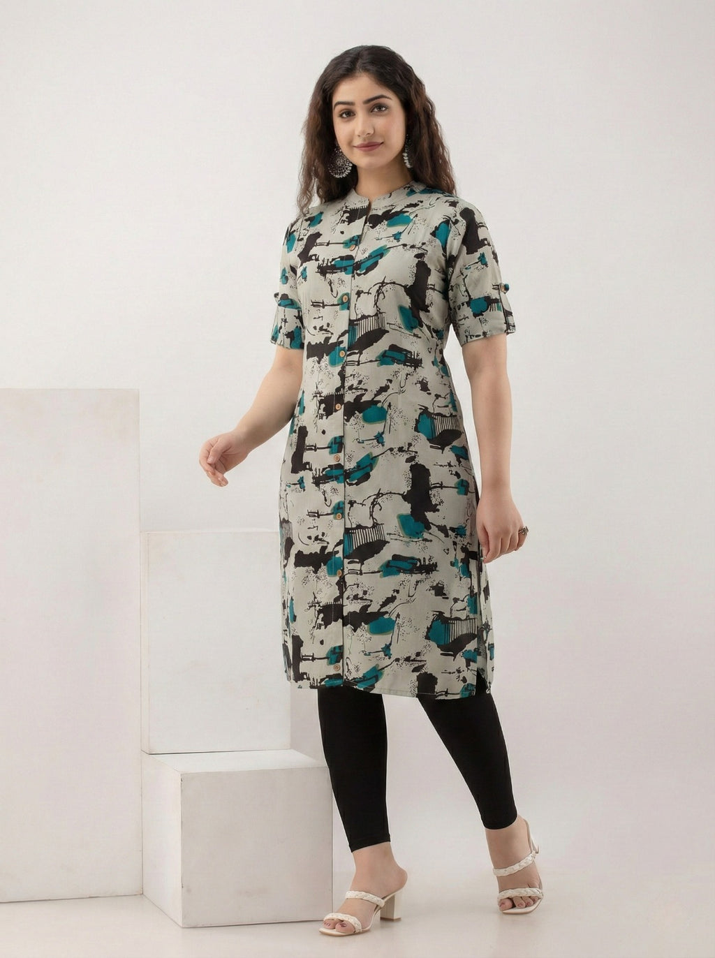Teal Stroke Print Kurti