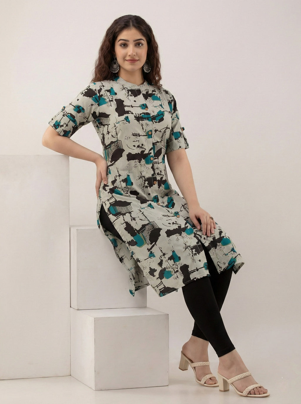 Teal Stroke Print Kurti