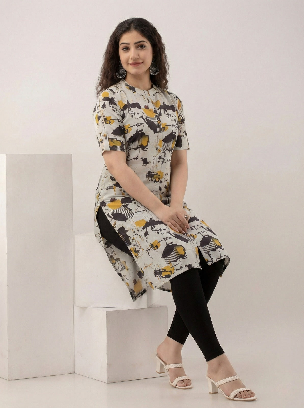 Mustard Stroke Print Kurti