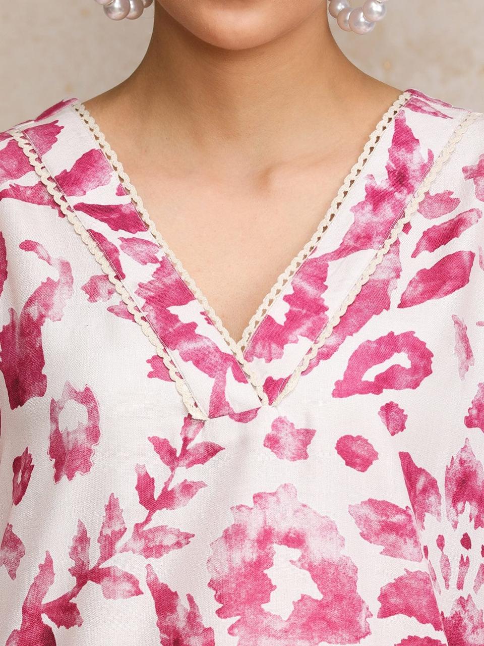Blush Pink Floral Rayon Straight Kurti