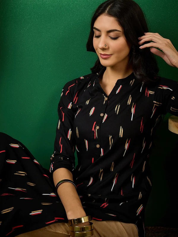 Midnight Dash Black Rayon Printed Straight Kurti