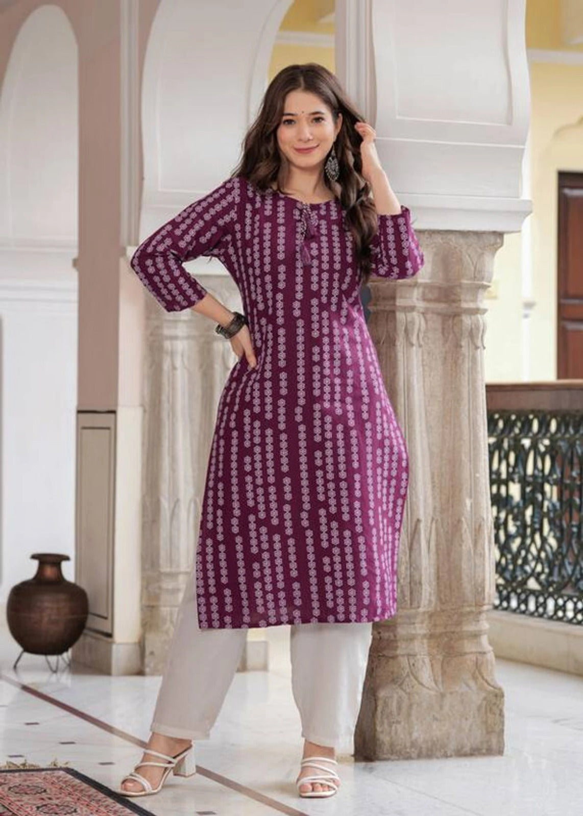Wine Elegance Rayon Printed Straight Kurti