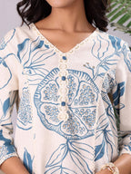 Ivory Blue Floral Rayon Straight Kurti with Pocket