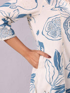 Ivory Blue Floral Rayon Straight Kurti with Pocket