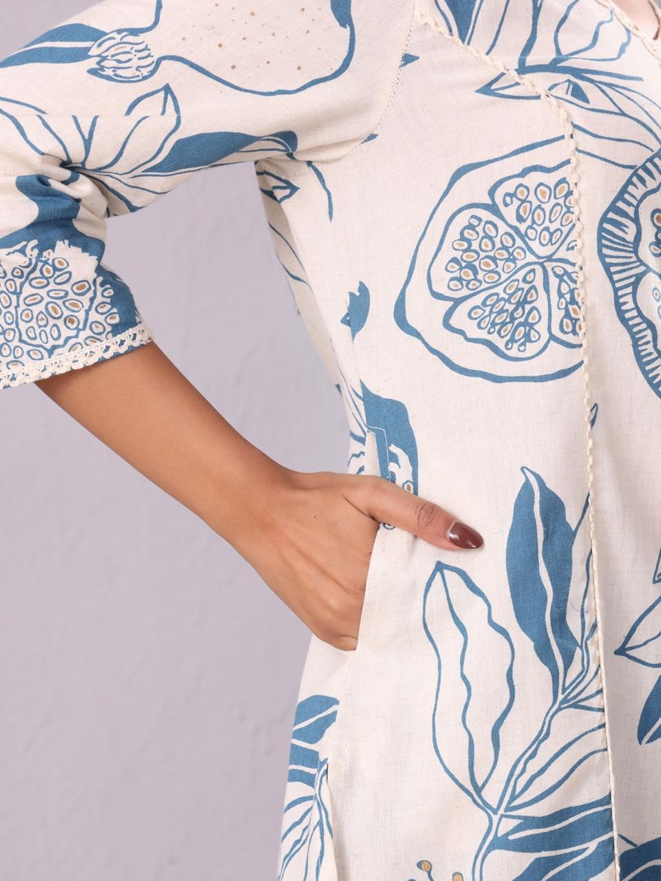 Ivory Blue Floral Rayon Straight Kurti with Pocket