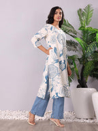 Ivory Blue Floral Rayon Straight Kurti with Pocket