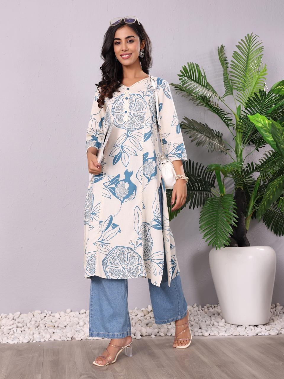 Ivory Blue Floral Rayon Straight Kurti with Pocket
