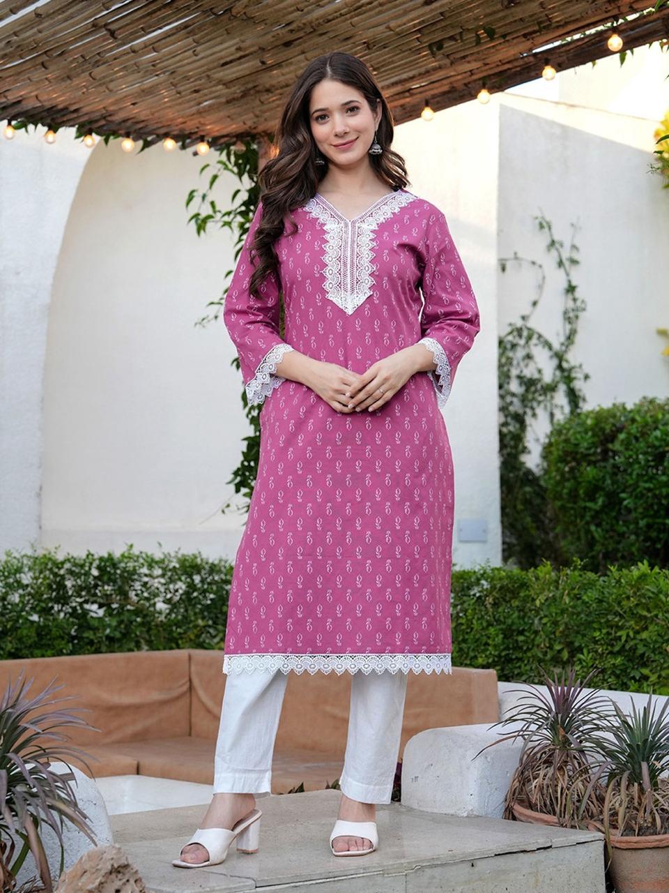 Rose Pink Rayon Printed Straight Kurti
