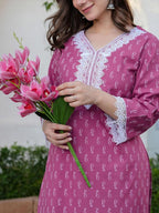 Rose Pink Rayon Printed Straight Kurti
