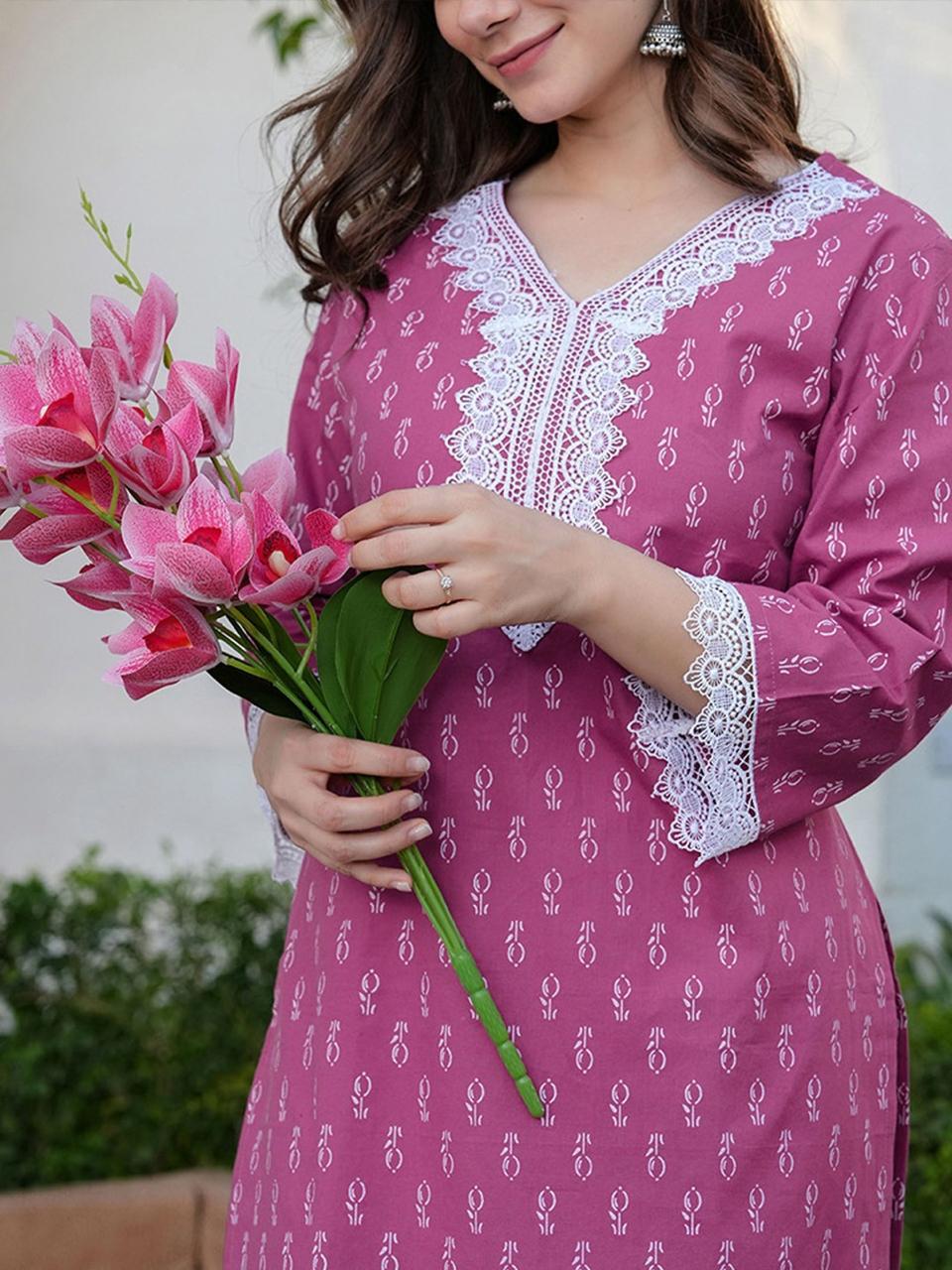 Rose Pink Rayon Printed Straight Kurti