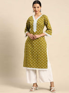 Olive Charm Rayon Printed Straight Kurti