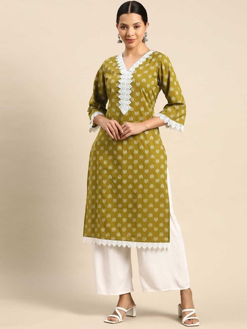 Olive Charm Rayon Printed Straight Kurti