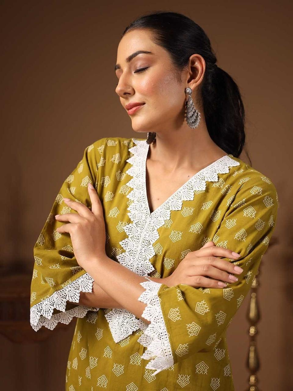 Olive Charm Rayon Printed Straight Kurti