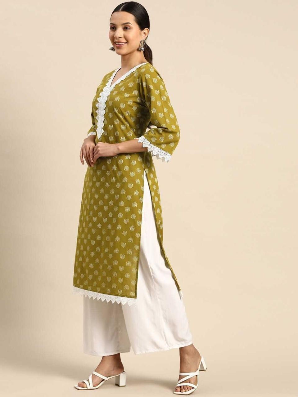 Olive Charm Rayon Printed Straight Kurti