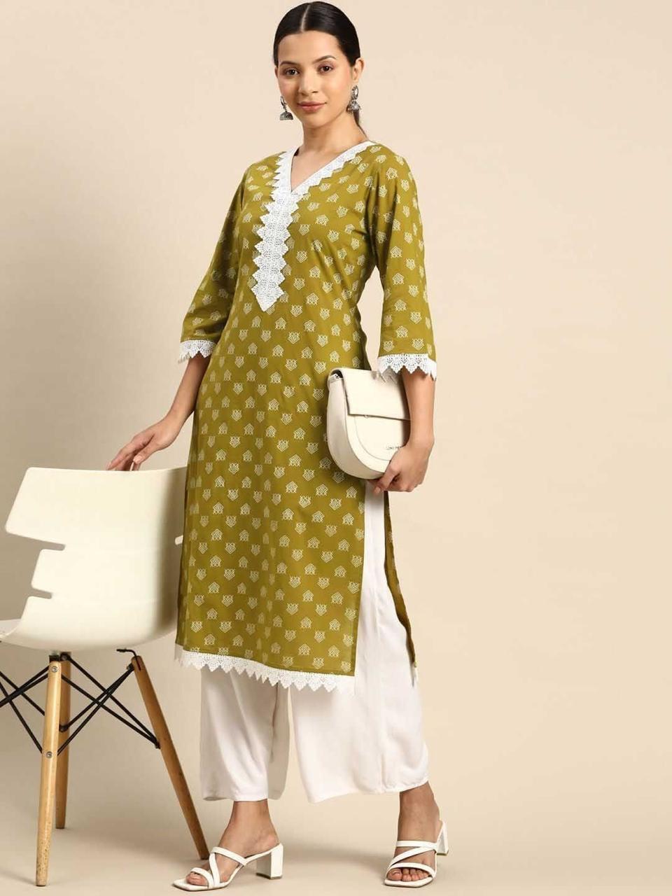 Olive Charm Rayon Printed Straight Kurti