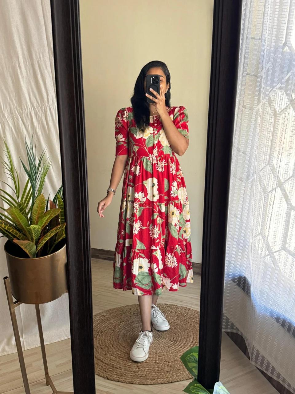 Red Bloom Rayon Tiered Anarkali Dress