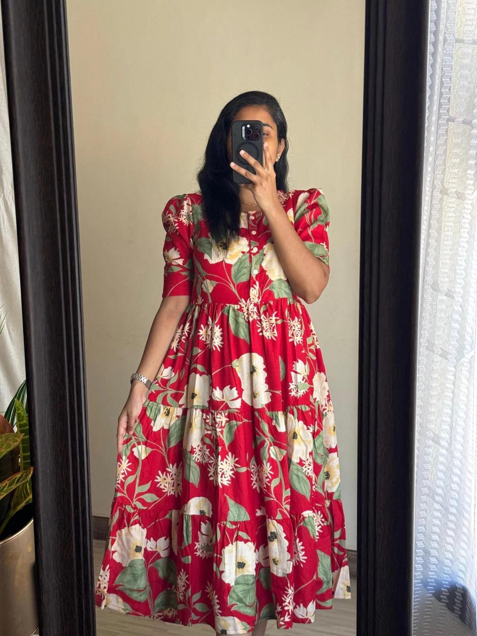 Red Bloom Rayon Tiered Anarkali Dress