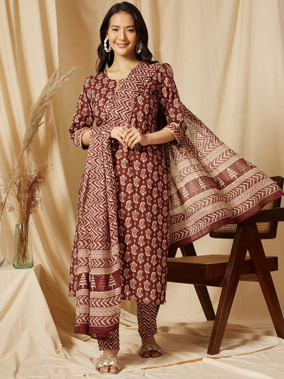 Rust Brown Ethnic Cotton Suit Set