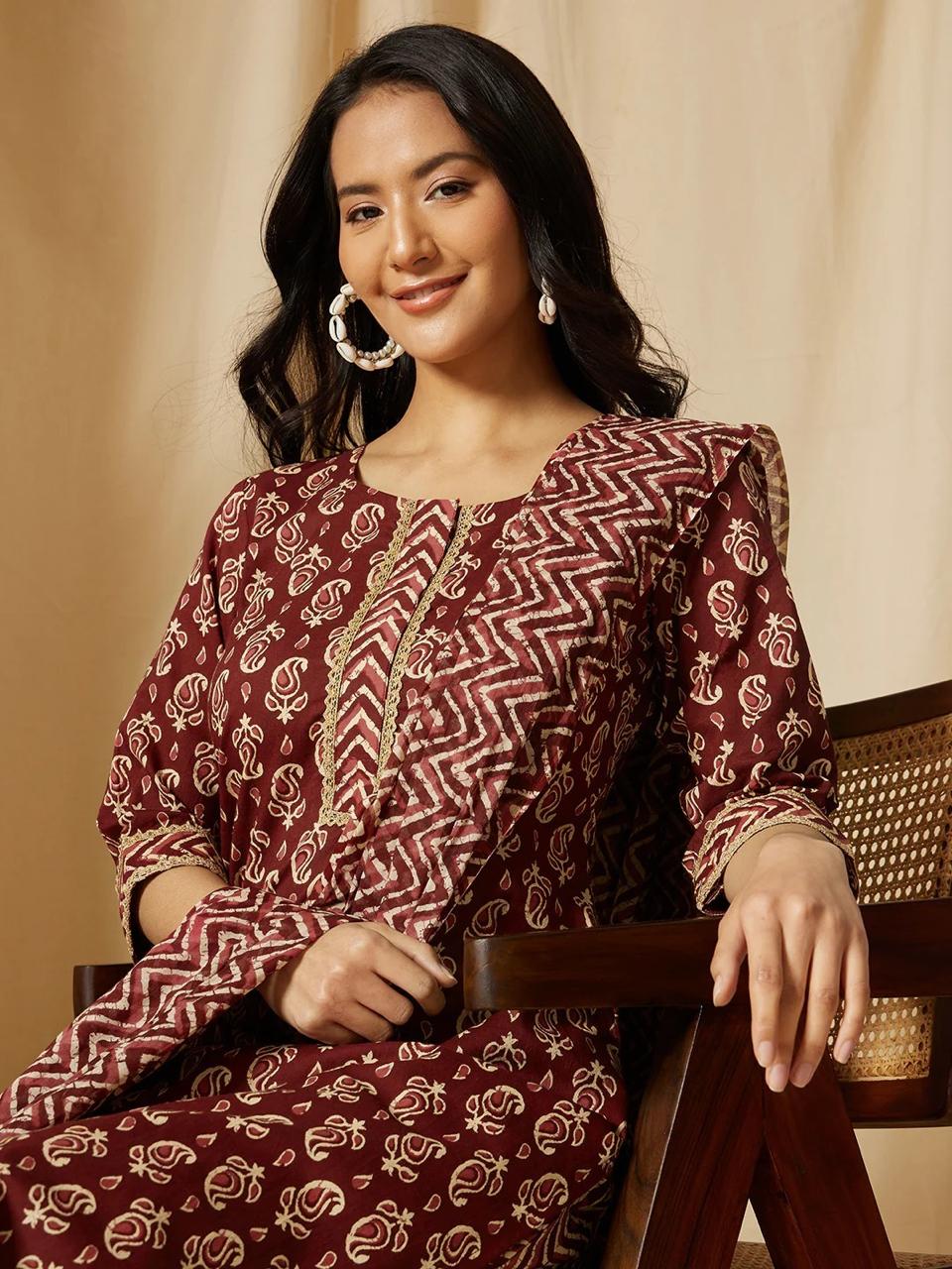 Rust Brown Ethnic Cotton Suit Set