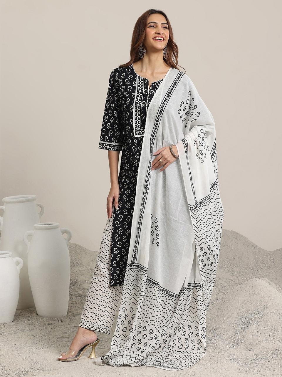 Monochrome Elegance Cotton Suit Set