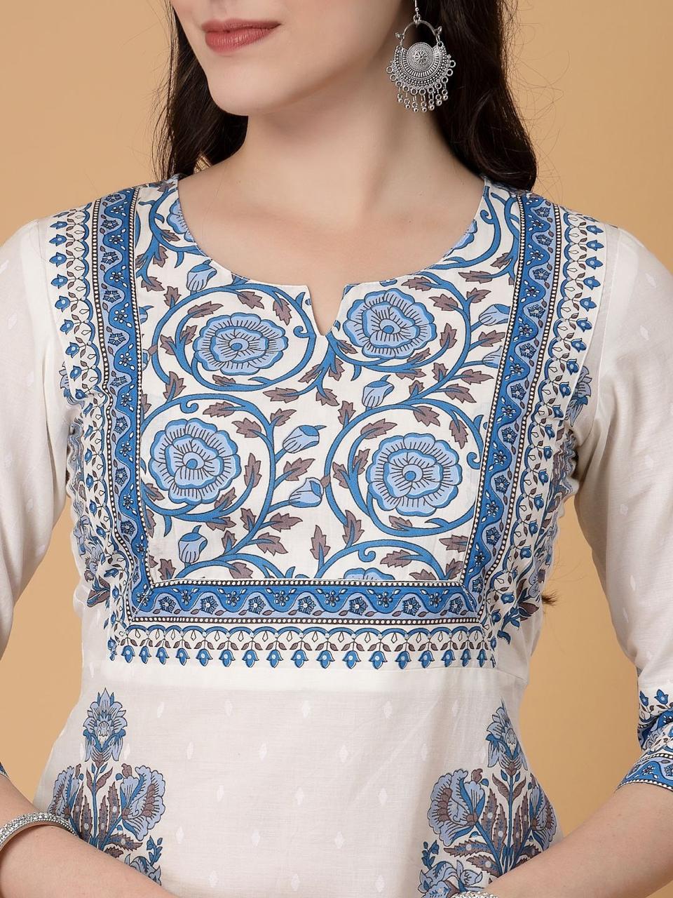 Blue Bloom Cotton Straight Kurti