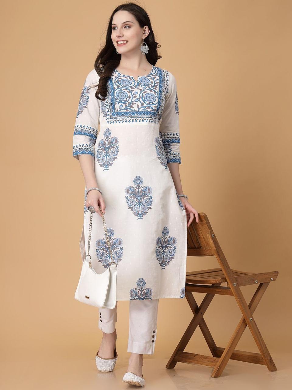 Blue Bloom Cotton Straight Kurti