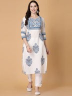 Blue Bloom Cotton Straight Kurti