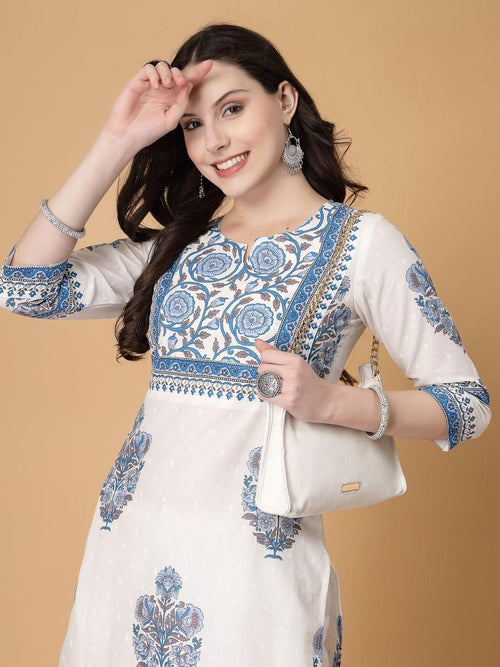 Blue Bloom Cotton Straight Kurti