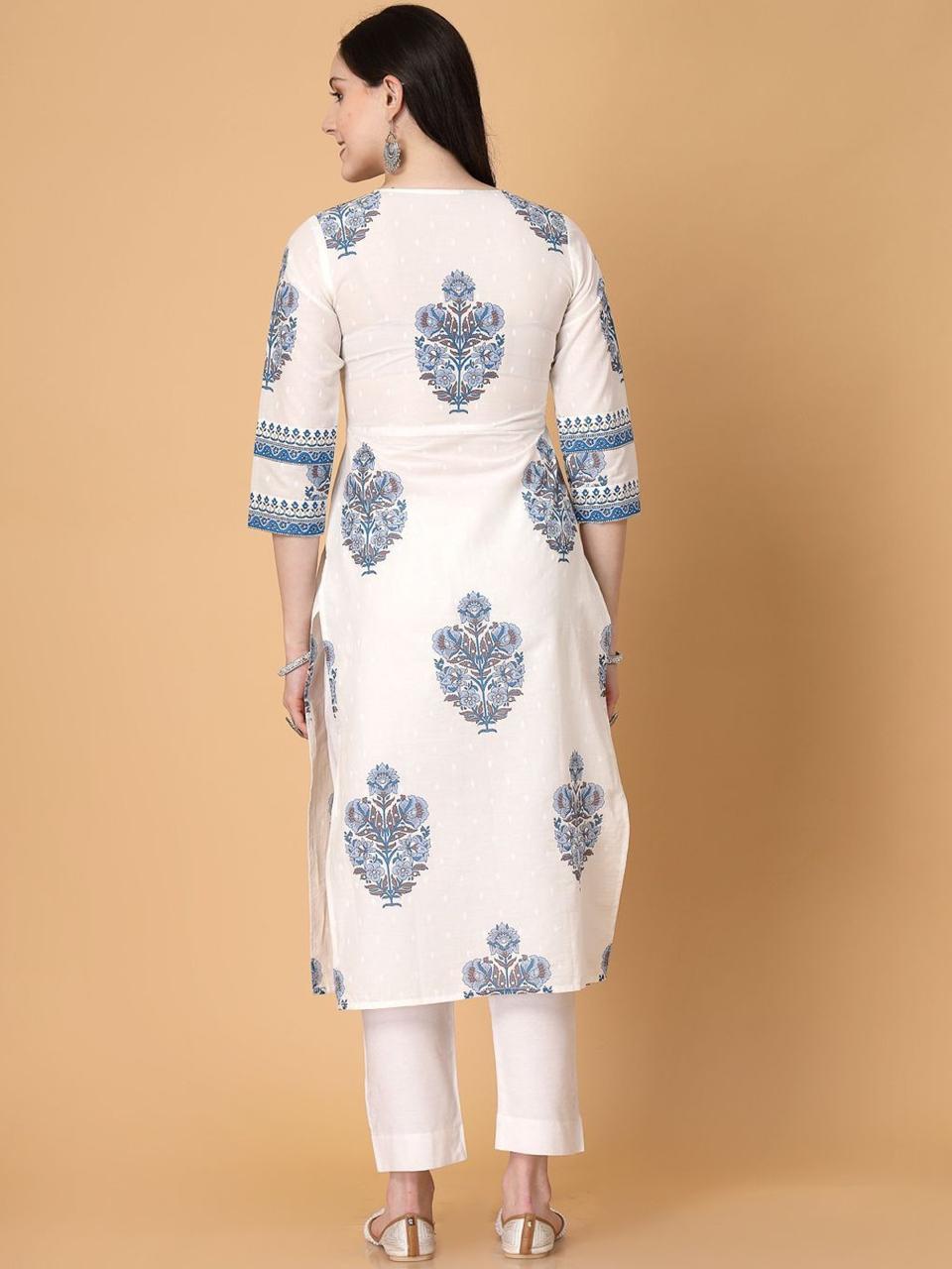 Blue Bloom Cotton Straight Kurti